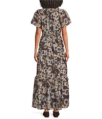 Sugarlips Abstract Palmer Printed Split V-Neck Short Sleeve Tiered Maxi Dress