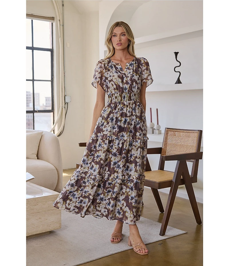 Sugarlips Abstract Palmer Printed Split V-Neck Short Sleeve Tiered Maxi Dress