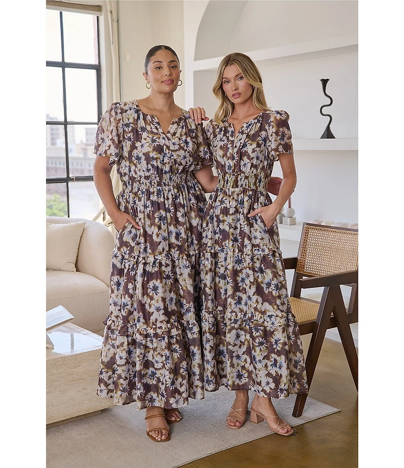 Sugarlips Abstract Palmer Printed Split V-Neck Short Sleeve Tiered Maxi Dress