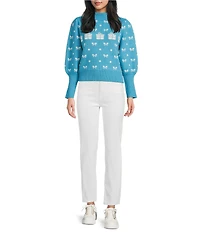 Sugarlips Agnes Bow and Gift Box Print Mock Neck Long Sleeve Knit Sweater
