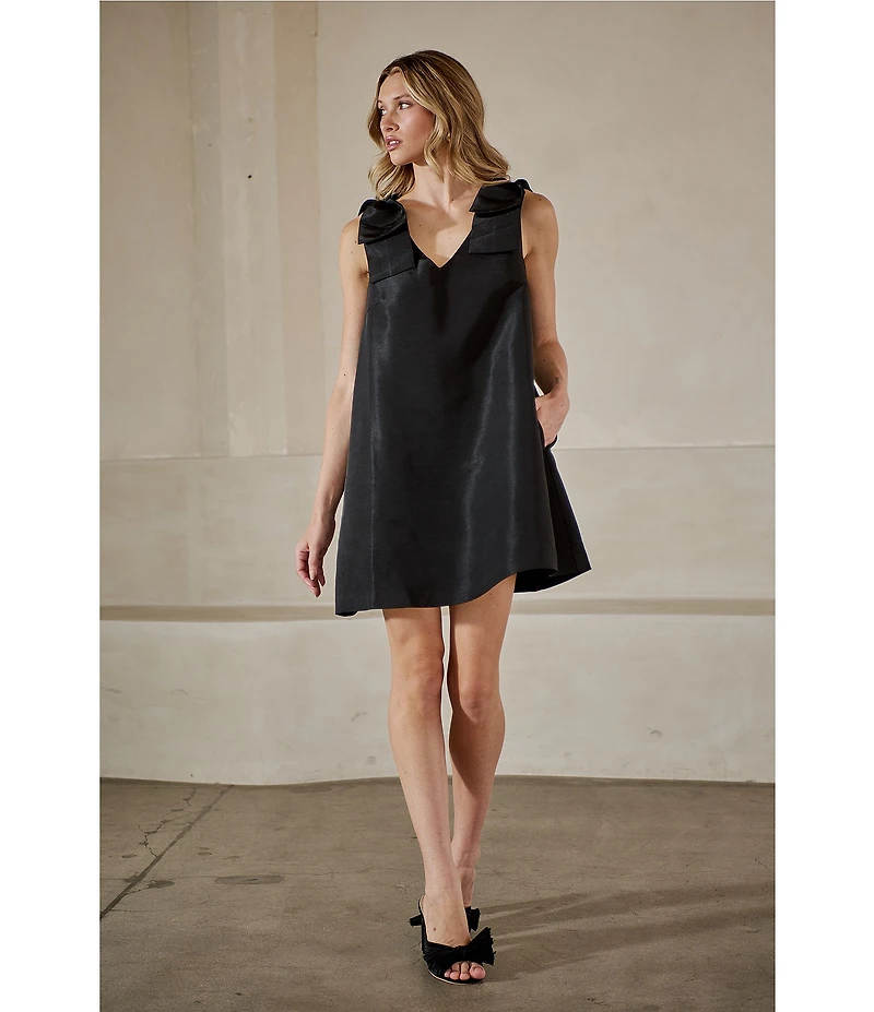 Sugarlips Alani Structured Taffeta V-Neck Bow Shoulder Trapeze Shift Dress
