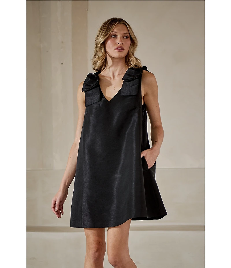 Sugarlips Alani Structured Taffeta V-Neck Bow Shoulder Trapeze Shift Dress