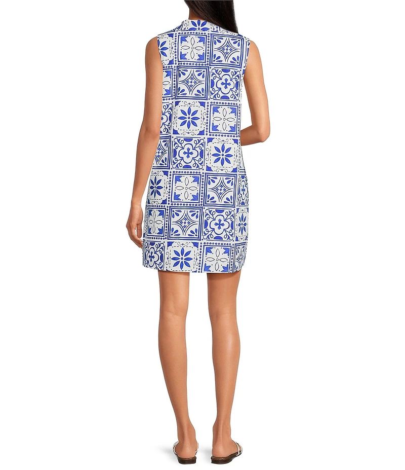 Sugarlips Arbor Tile Printed Lexya Split Collared Sleeveless Shift Mini Dress