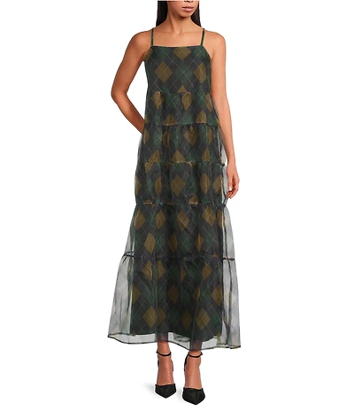 Sugarlips Argyle Organza Square Neck Spaghetti Strap Tiered Maxi Dress