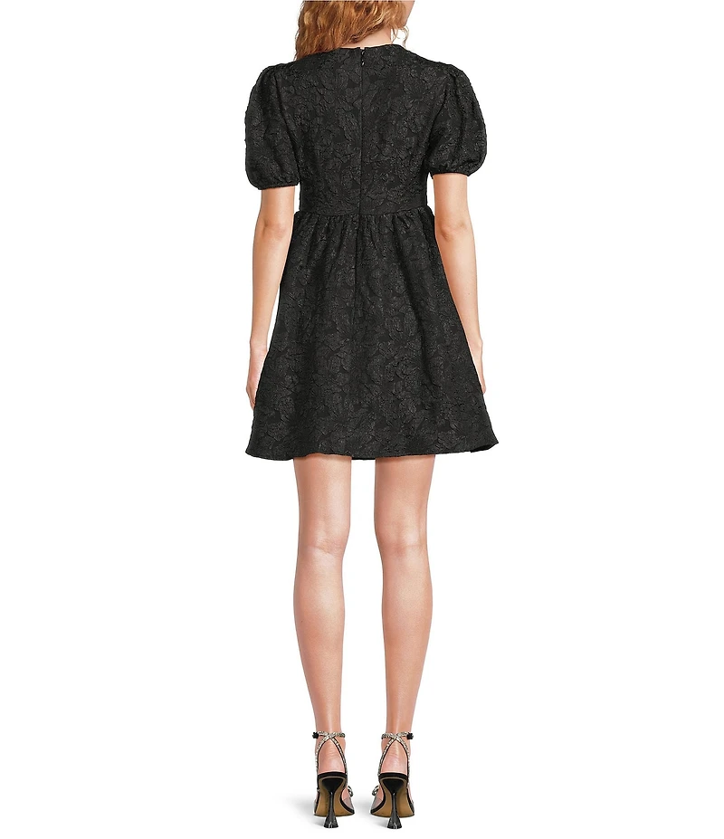 Sugarlips Arian Floral Jacquard Glowria Rhinestone Bow Short Puff Sleeve Mini Dress