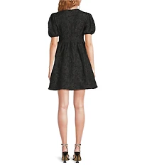 Sugarlips Arian Floral Jacquard Glowria Rhinestone Bow Short Puff Sleeve Mini Dress