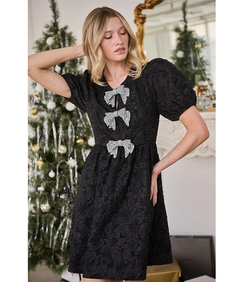 Sugarlips Arian Floral Jacquard Glowria Rhinestone Bow Short Puff Sleeve Mini Dress