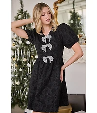 Sugarlips Arian Floral Jacquard Glowria Rhinestone Bow Short Puff Sleeve Mini Dress