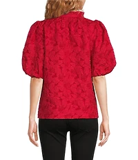 Sugarlips Arielle Jacquard Floral Print Split V-Neck Short Puff Sleeve Top
