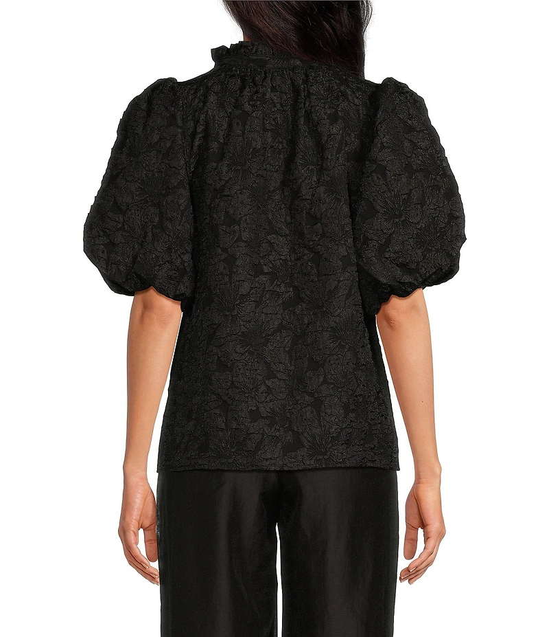 Sugarlips Arielle Jacquard Floral Print Split V-Neck Short Puff Sleeve Top