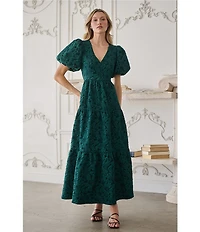 Sugarlips Arielle Jacquard V Neck Short Puff Sleeve Tiered Maxi Dress