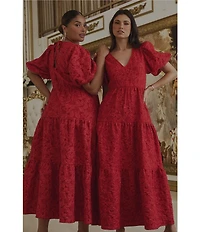 Sugarlips Arielle Jacquard V Neck Short Puff Sleeve Tiered Maxi Dress