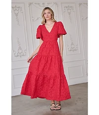 Sugarlips Arielle Jacquard V Neck Short Puff Sleeve Tiered Maxi Dress