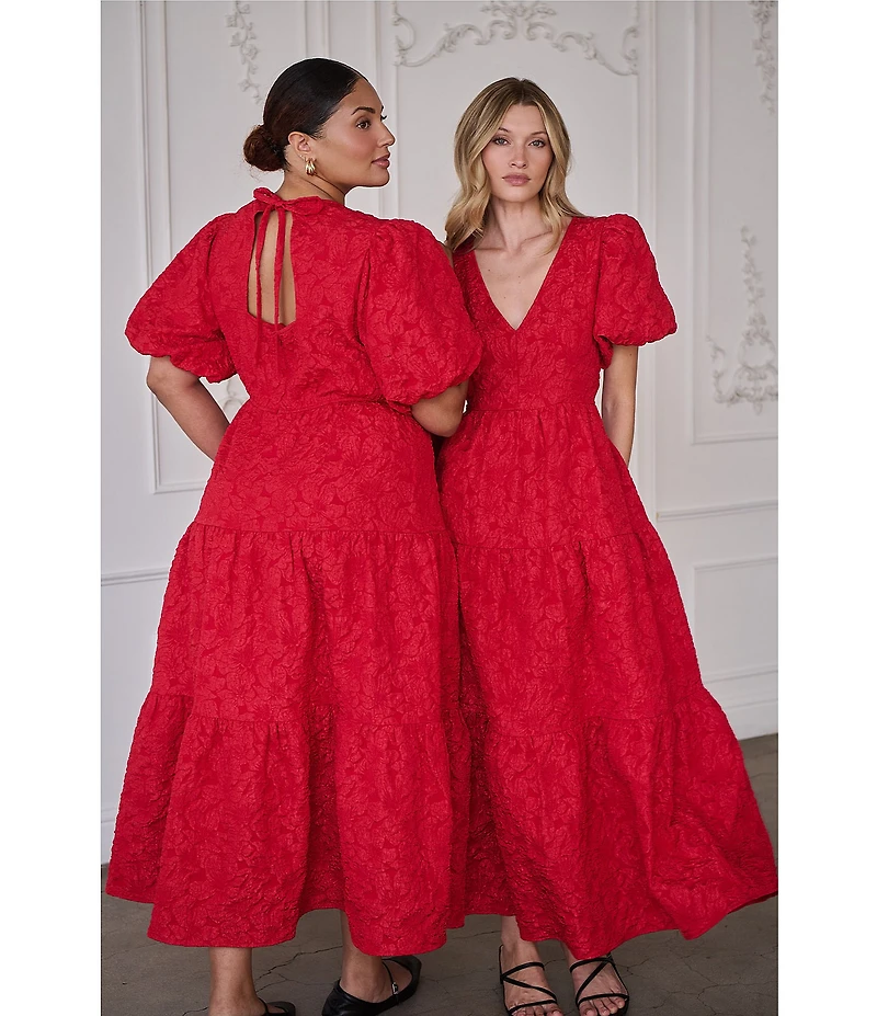 Sugarlips Arielle Jacquard V Neck Short Puff Sleeve Tiered Maxi Dress