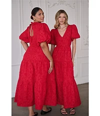 Sugarlips Arielle Jacquard V Neck Short Puff Sleeve Tiered Maxi Dress