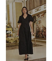 Sugarlips Arielle Jacquard V Neck Short Puff Sleeve Tiered Maxi Dress