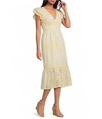 Sugarlips At Sea Floral Eyelet Zayla V-Neck Cap Sleeve Midi Dress