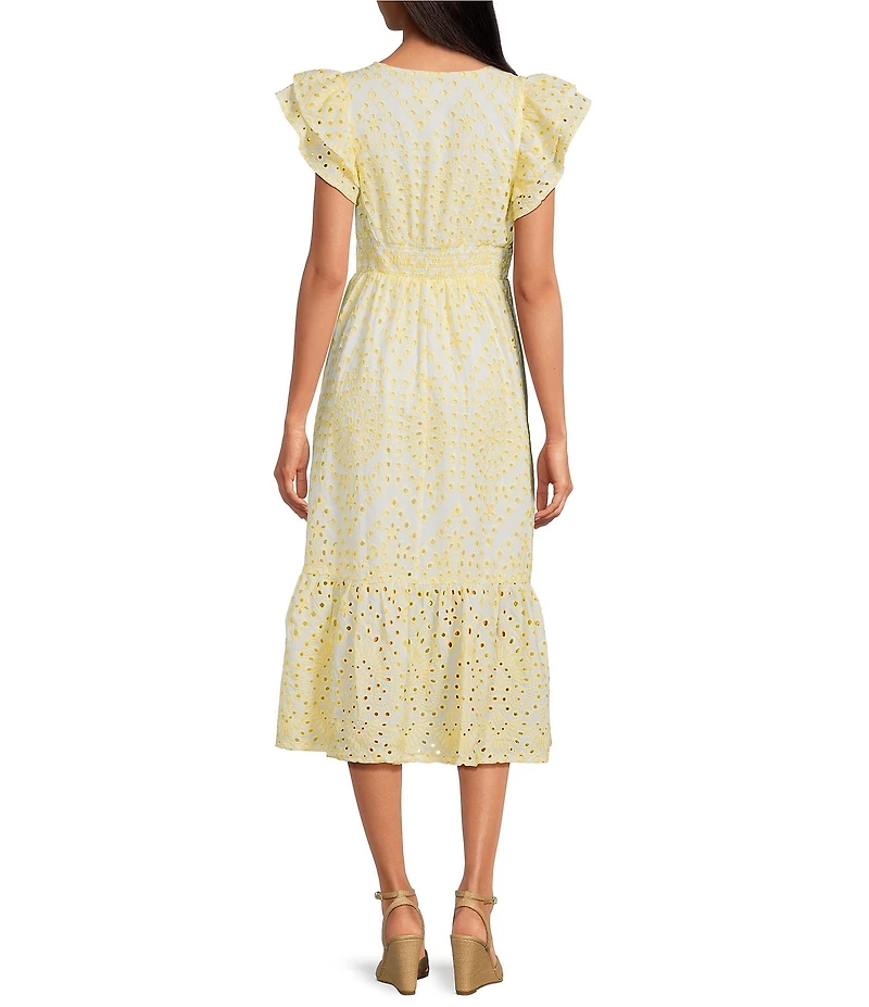 Sugarlips At Sea Floral Eyelet Zayla V-Neck Cap Sleeve Midi Dress