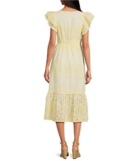Sugarlips At Sea Floral Eyelet Zayla V-Neck Cap Sleeve Midi Dress