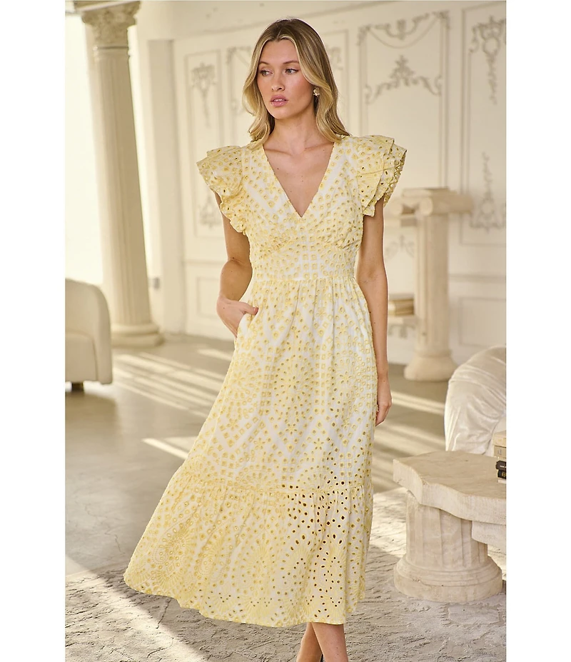 Sugarlips At Sea Floral Eyelet Zayla V-Neck Cap Sleeve Midi Dress