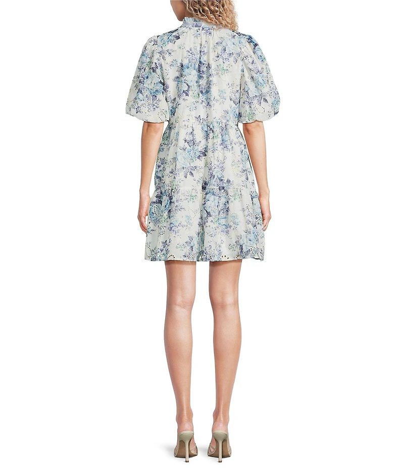 Sugarlips At Sea Jacey Embroidered Eyelet Split V-Neck Short Sleeve Tiered Mini Dress
