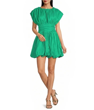 Sugarlips Avery Mock Neck Cap Sleeve Ruched Bubble Hem Satin Mini Dress