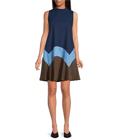 Sugarlips Balsy Color Bock Ruffle Mock Neck Sleeveless Poplin Shift Mini Dress