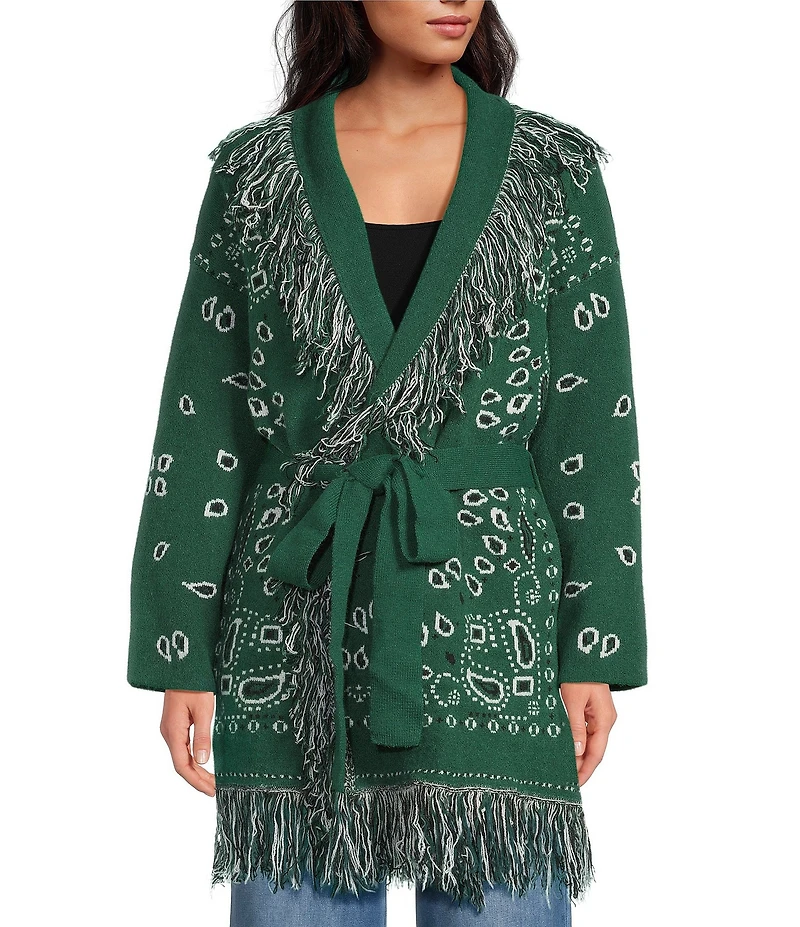 Sugarlips Bandana Fringe Shawl Collar Belted Open Front Cardigan
