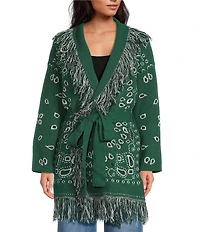 Sugarlips Bandana Fringe Shawl Collar Belted Open Front Cardigan