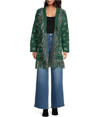 Sugarlips Bandana Fringe Shawl Collar Belted Open Front Cardigan