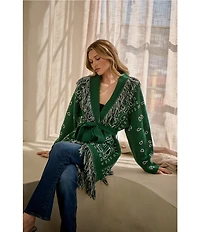 Sugarlips Bandana Fringe Shawl Collar Belted Open Front Cardigan