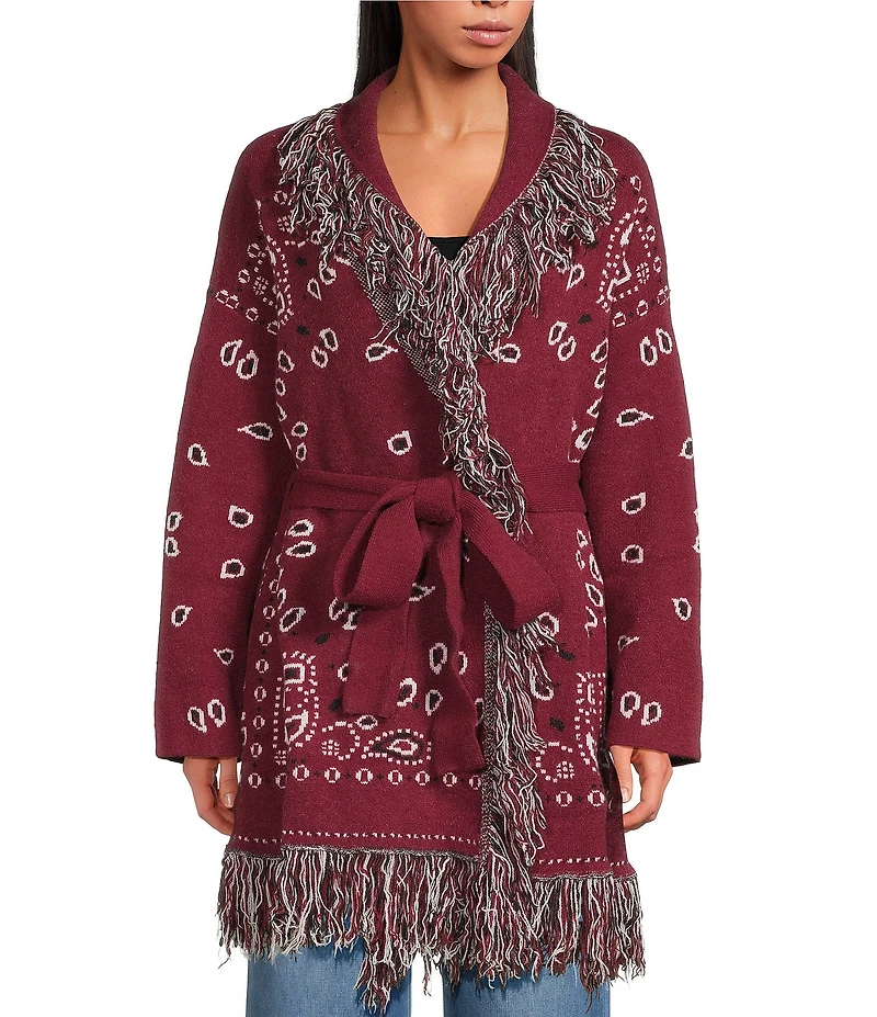 Sugarlips Bandana Fringe Shawl Collar Belted Open Front Cardigan