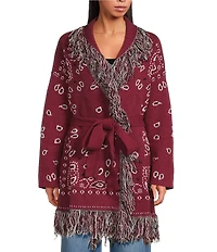 Sugarlips Bandana Fringe Shawl Collar Belted Open Front Cardigan