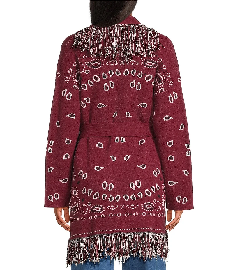 Sugarlips Bandana Fringe Shawl Collar Belted Open Front Cardigan