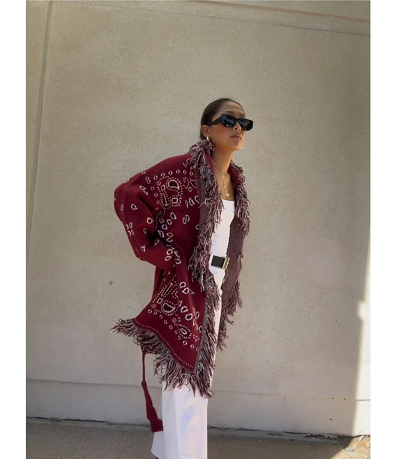 Sugarlips Bandana Fringe Shawl Collar Belted Open Front Cardigan