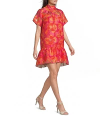 Sugarlips Berny Floral Print Mock Neck Short Sleeve Organza Mini Dress