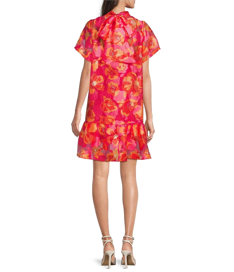 Sugarlips Berny Floral Print Mock Neck Short Sleeve Organza Mini Dress