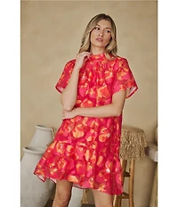 Sugarlips Berny Floral Print Mock Neck Short Sleeve Organza Mini Dress