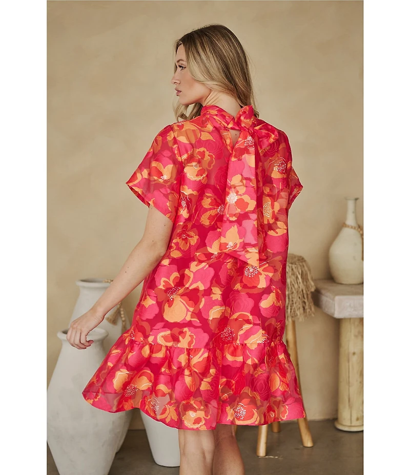 Sugarlips Berny Floral Print Mock Neck Short Sleeve Organza Mini Dress