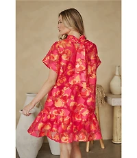 Sugarlips Berny Floral Print Mock Neck Short Sleeve Organza Mini Dress