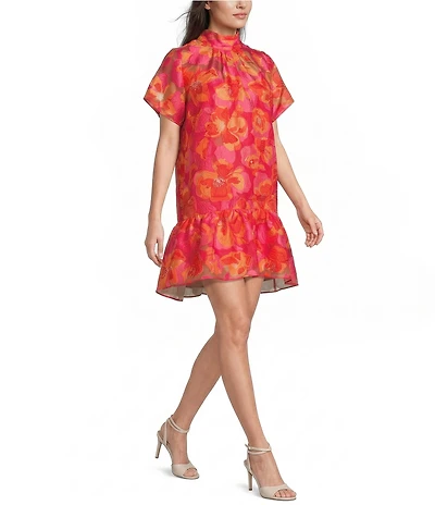 Sugarlips Berny Floral Print Mock Neck Short Sleeve Organza Mini Dress