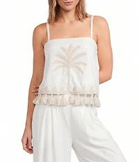 Sugarlips Biela Embroidered Palm Print Square Neck Sleeveless Tassel Trim Coordinating Crop Top