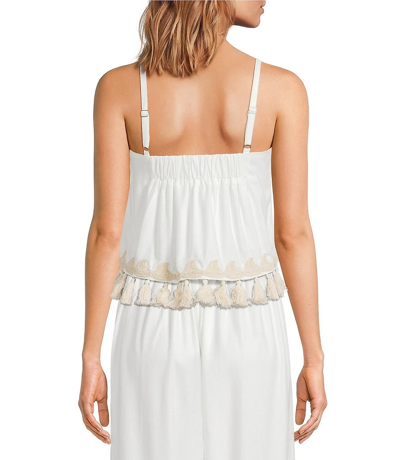 Sugarlips Biela Embroidered Palm Print Square Neck Sleeveless Tassel Trim Coordinating Crop Top