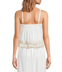 Sugarlips Biela Embroidered Palm Print Square Neck Sleeveless Tassel Trim Coordinating Crop Top