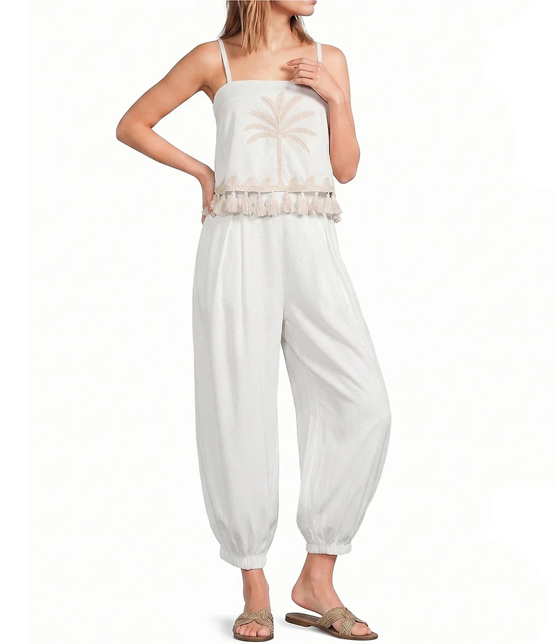 Sugarlips Biela Embroidered Palm Print Square Neck Sleeveless Tassel Trim Coordinating Crop Top