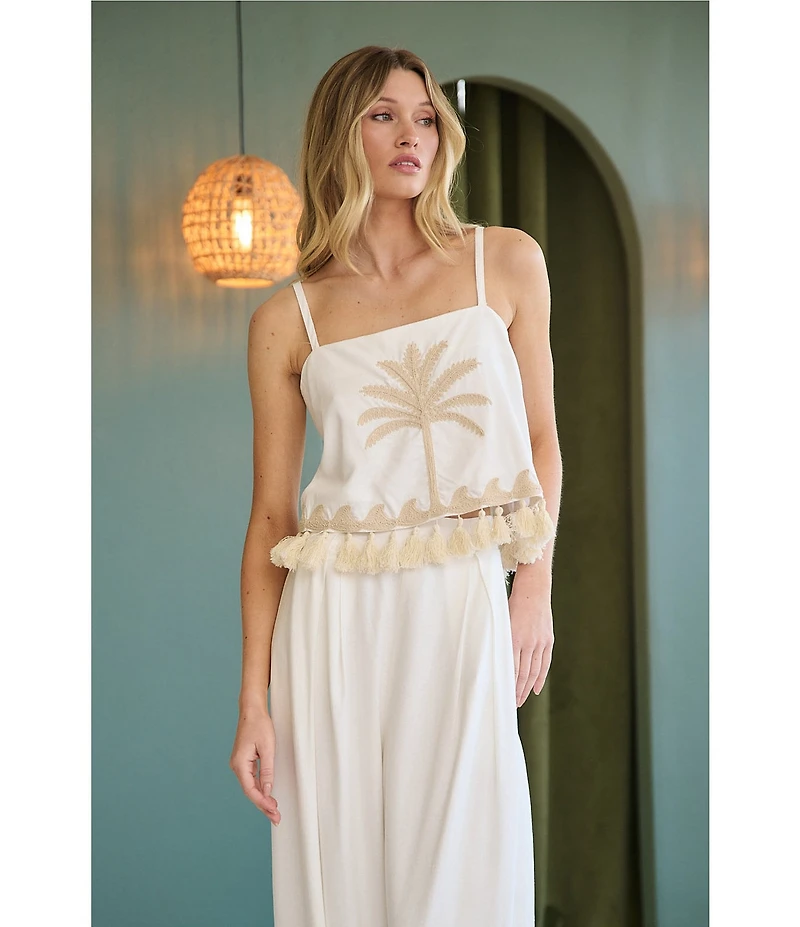 Sugarlips Biela Embroidered Palm Print Square Neck Sleeveless Tassel Trim Coordinating Crop Top