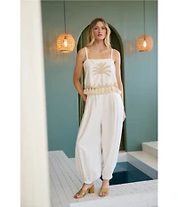 Sugarlips Biela Embroidered Palm Print Square Neck Sleeveless Tassel Trim Coordinating Crop Top