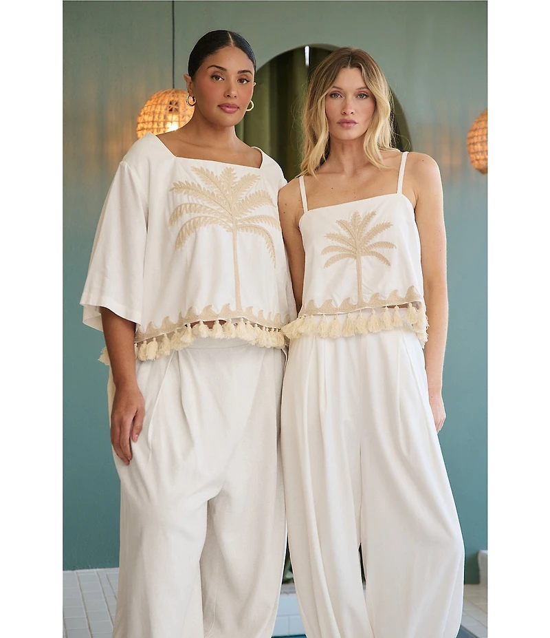 Sugarlips Biela Embroidered Palm Print Square Neck Sleeveless Tassel Trim Coordinating Crop Top
