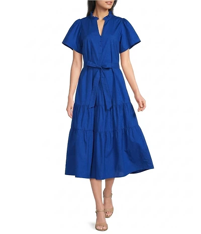 Sugarlips Britt V-Neck Short Sleeve Tiered Poplin Midi Dress
