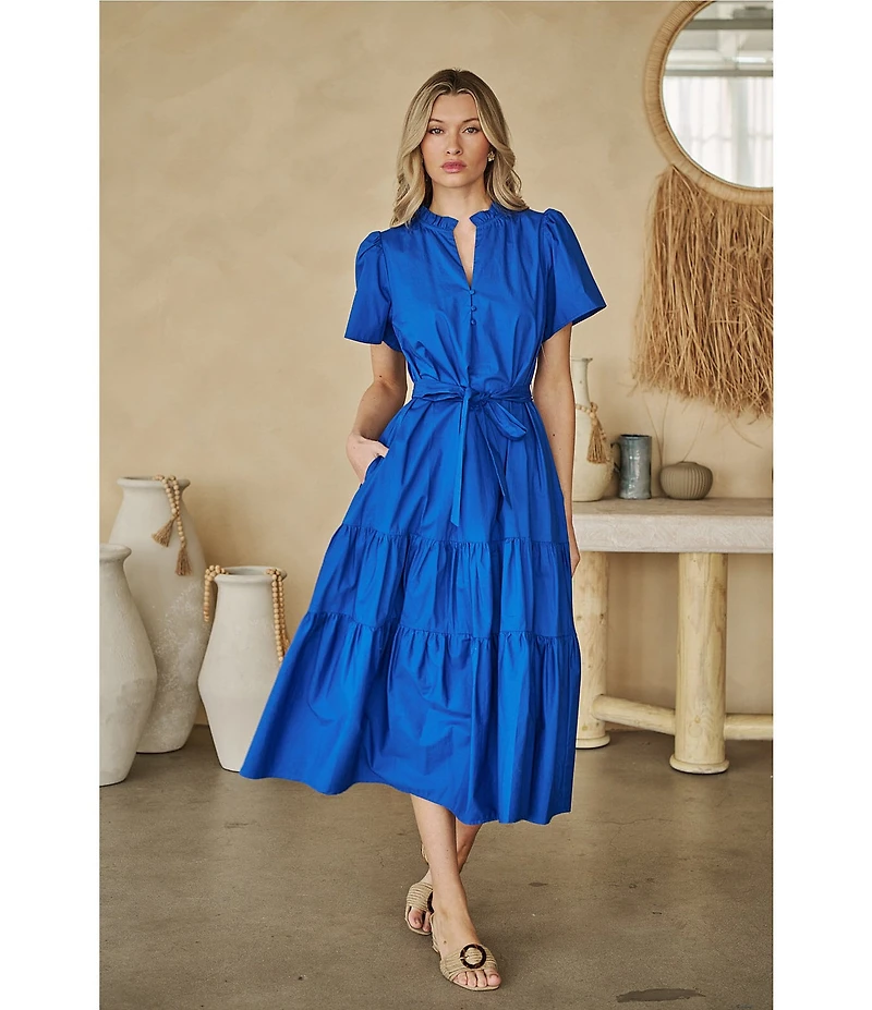 Sugarlips Britt V-Neck Short Sleeve Tiered Poplin Midi Dress